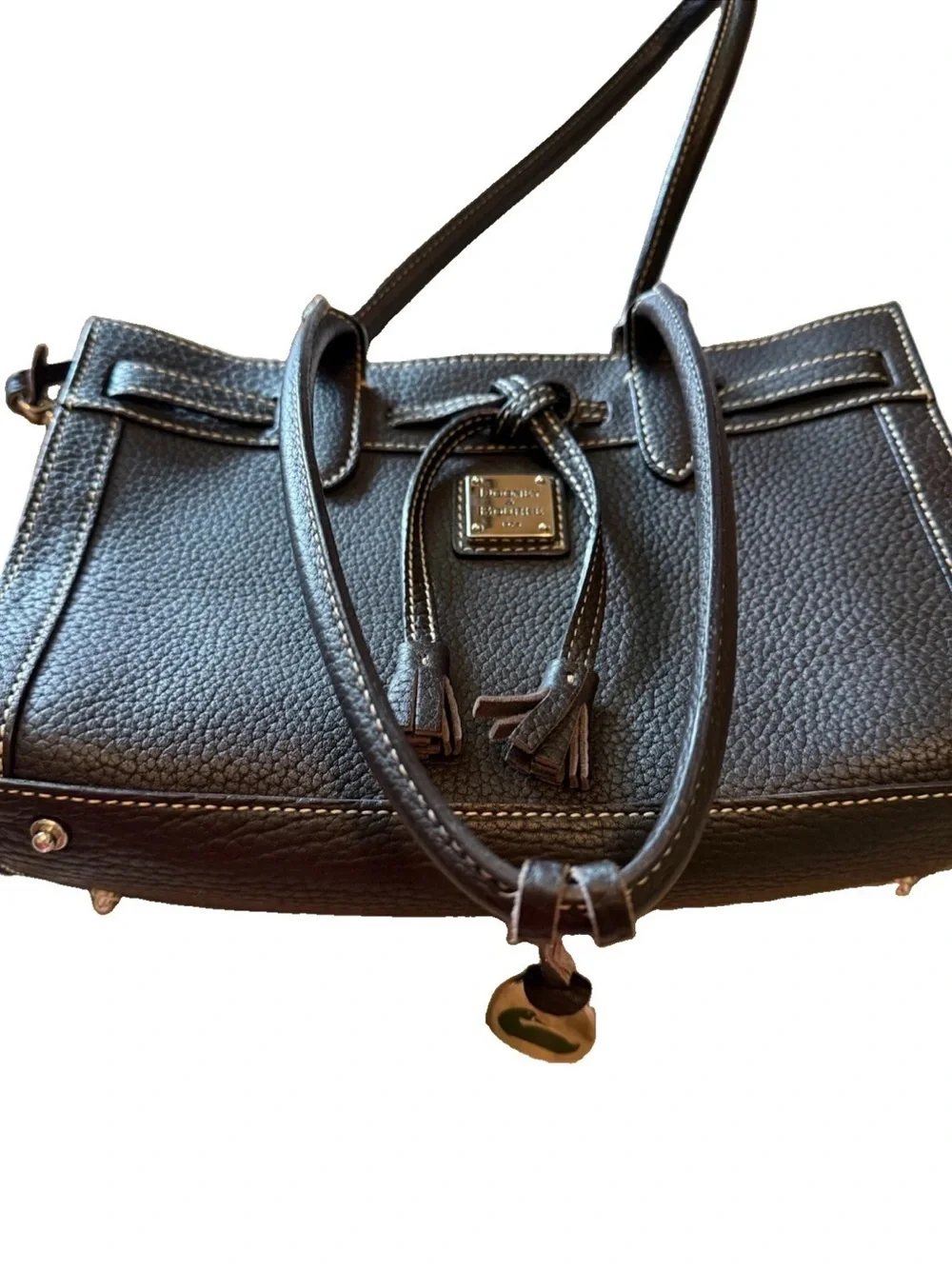 Dooney & Bourke Dark Brown Pebbled Leather Satchel with Tassel Draw